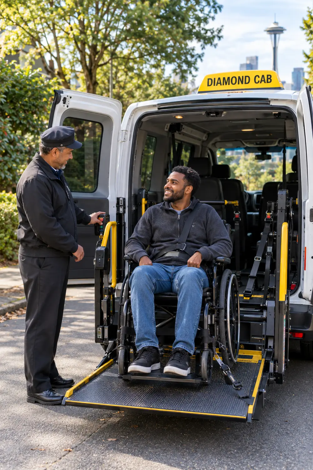 A smiling rider in a wheelchair on the lift of a Diamond Cab van while the driver operates the lift.