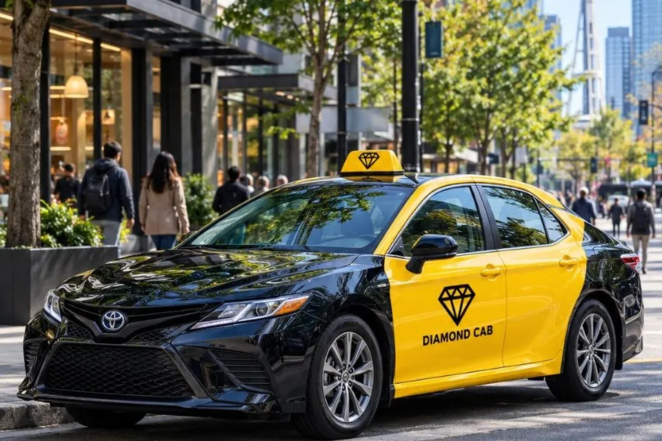 A Diamond Cab saloon in yellow and black at a downtown Seattle kerb, the Space Needle behind.