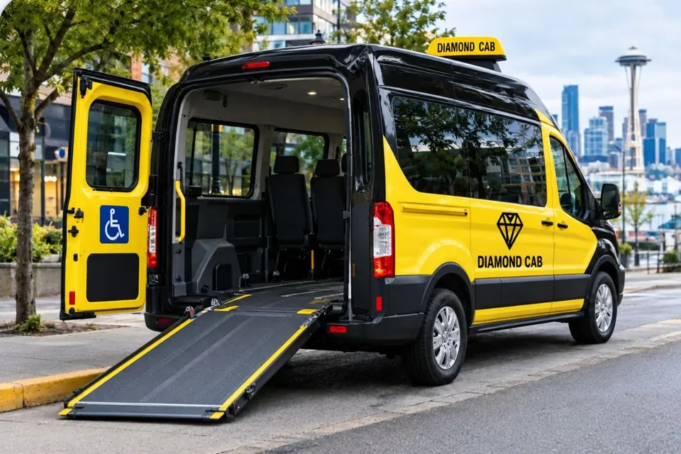 A Diamond Cab high-roof van at the kerb with its rear ramp lowered and the wheelchair symbol on the open door.